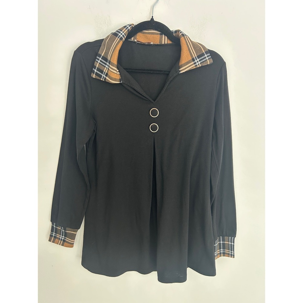 Bebonnie Black Plaid Trim Long Sleeve Tunic Top Silver Ring V-Neck Medium